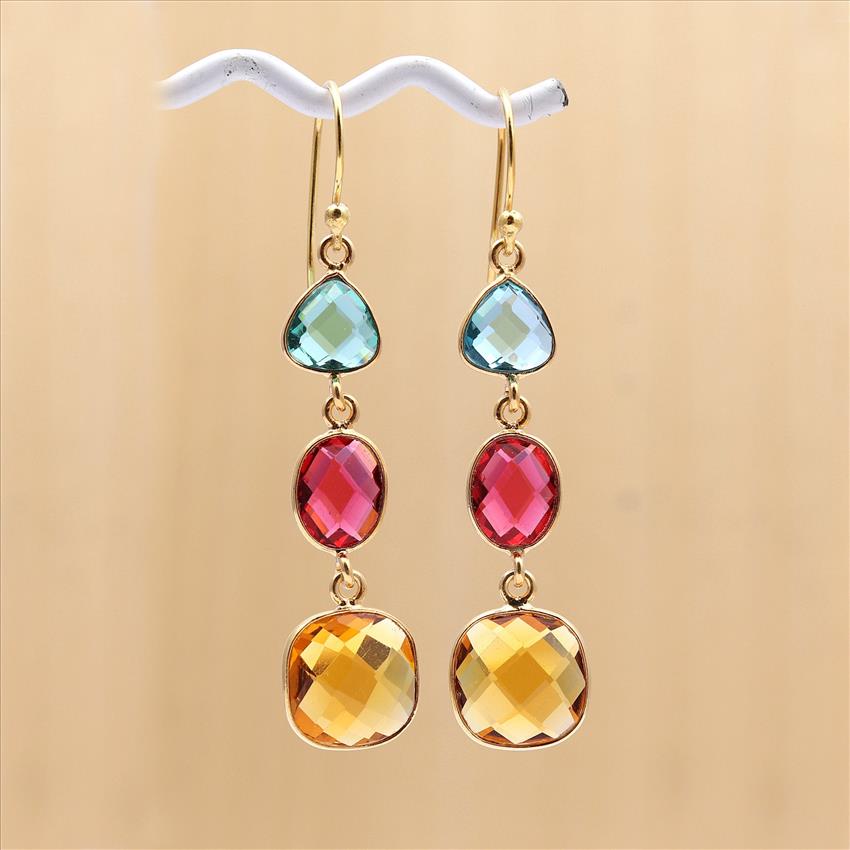 Amazing Multi Color Gemstone Dangling Earring Gold Plated Hook Earring Fashionable Handmade Jewelry (EJ-1366)