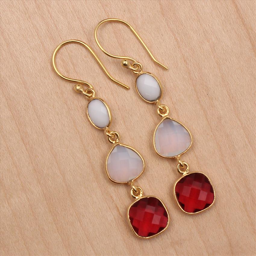 Agate, Opalite, Fuchsia Multi Color Gemstone Dangle Hook Style Gold Plated Statement Earrings Supply Jewelry (EJ-2727)