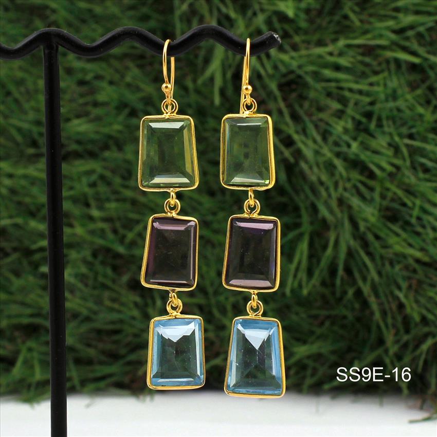 Amethyst, Topaz Gemstone, 925 Sterling Silver Earrings, Finding Gold Plated Dangle Earrings Multi Color Jewelry (SS9E-16)