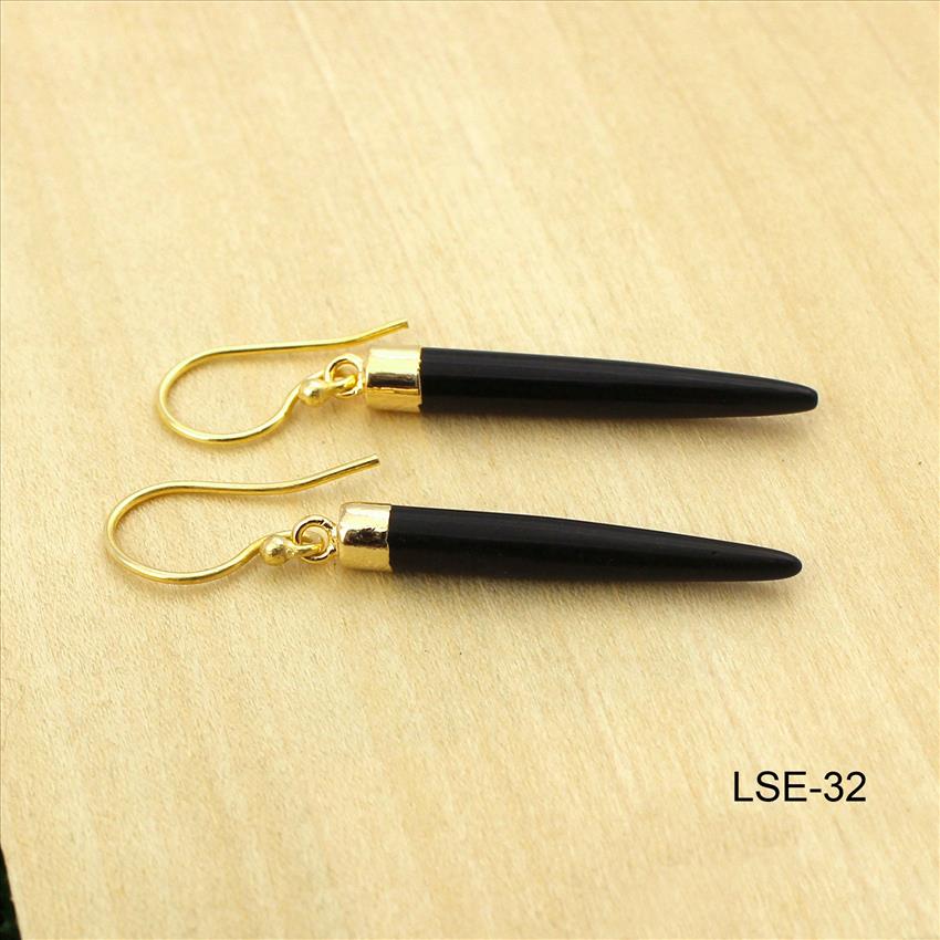 Black Onyx Gemstone Earring, Dangling Earrings, Spike Earring, Handmade Gold Plated Earring Jewelry (LSE-30)