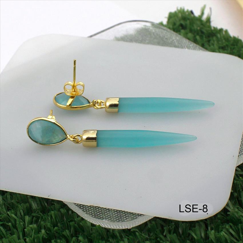 Aqua Chalcedony Gemstone Earring, Dangling Earrings, Bohemian Earring, Handmade Gold Plated Jewelry (LSE-5)