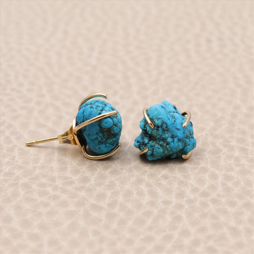 Blue Turquoise Rough Gemstone,Prong Style Gold Plated Stud Earring, Handmade Earrings Jewelry (EJ-1053)
