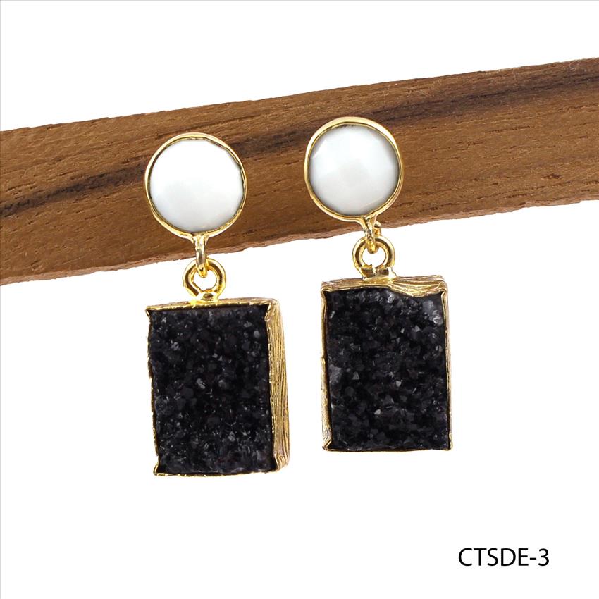 Agate Druzy Earring, Double Stone Stud Earring, Natural Druzy Gemstone Earring, Gold Plated Earring Jewelry (CTSDE-1)