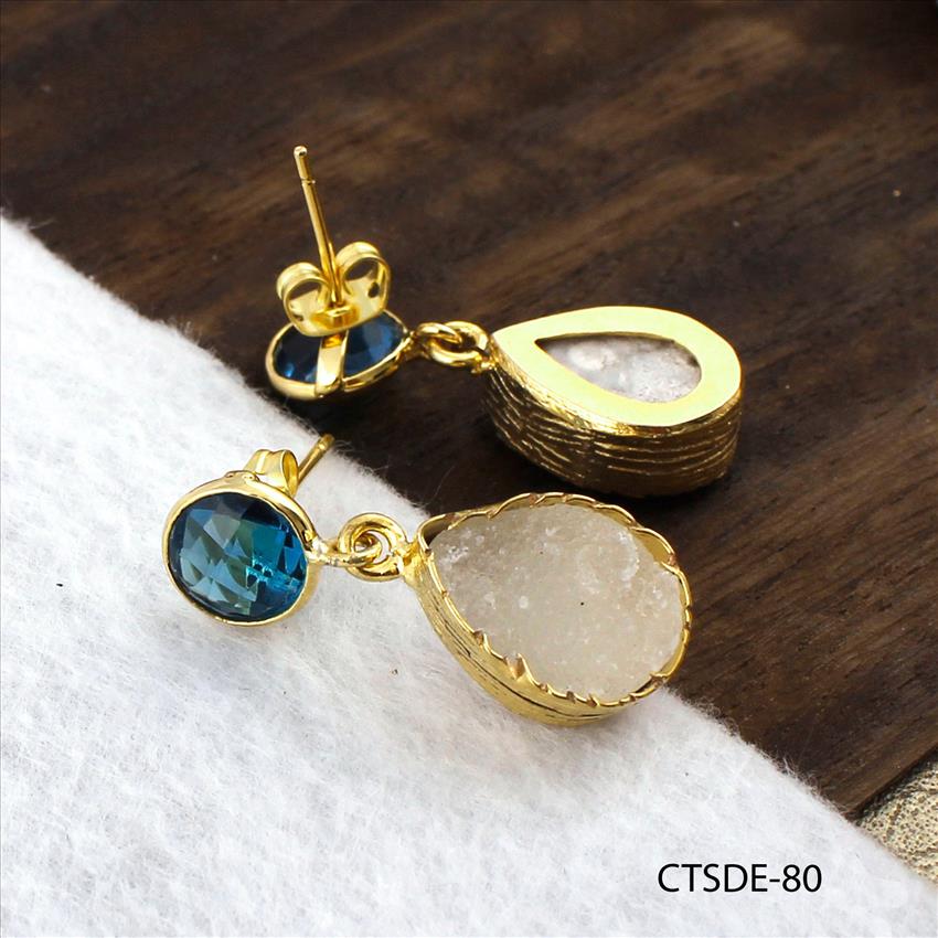 Agate Druzy Earrings, Stud Style Earrings, Blue Topaz Earrings, Gold Plated Earrings Jewelry (CTSDE-80)