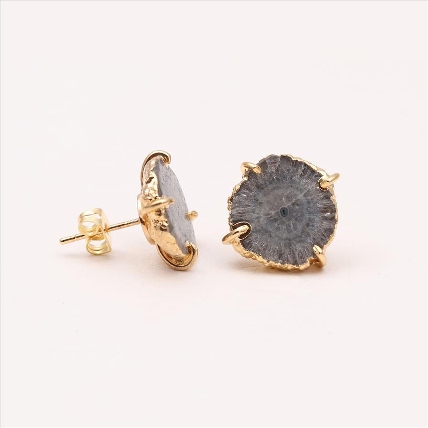 Amazing Natural Gray Solar Quartz Druzy Gemstone, Stud Prong Earring, Gold Electroplated Earrings, Gemstone Earrings Jewelry (EJ-908)