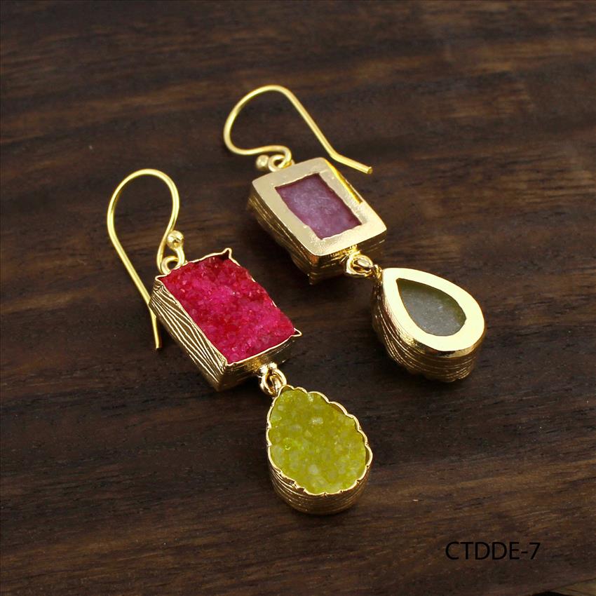 Multicolor Agate Druzy Gemstone, Dangle Drop Hook Earrings, Gold Plated Earrings Handmade Jewelry (CTDDE-7)