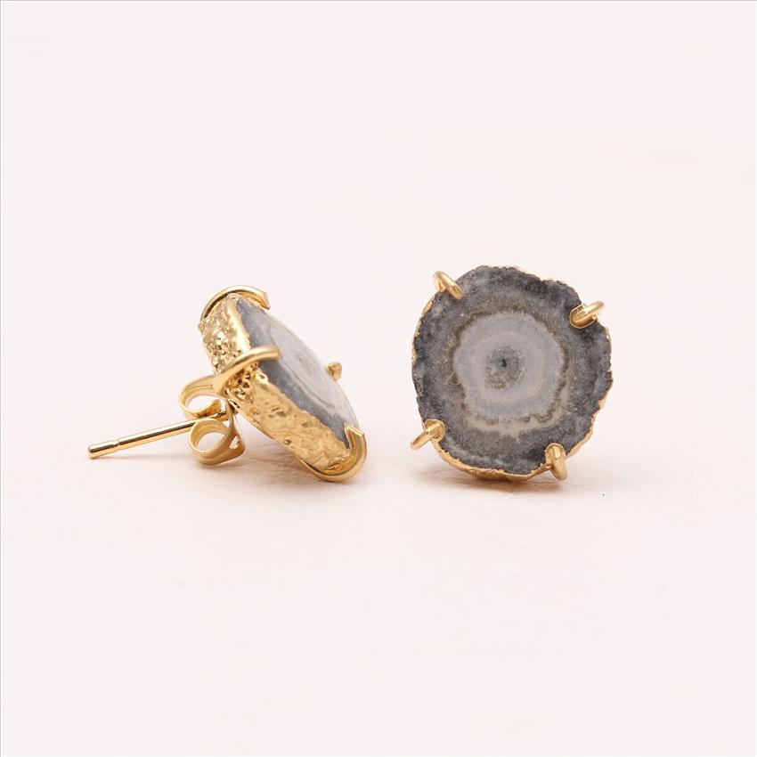 Amazing Natural Gray Solar Quartz Druzy Gemstone, Stud Prong Earring, Gold Electroplated Earrings, Gemstone Earrings Jewelry (EJ-912)