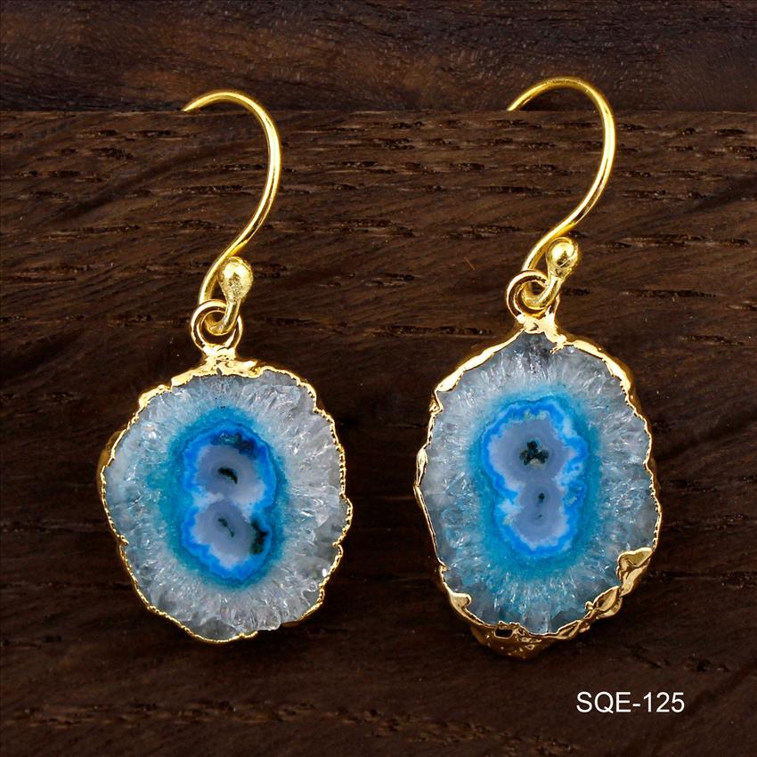 Blue Natural Solar Quartz Gemstone Earring, Hook Earrings Gold Electroplated Earrings Finding Fashion Jewelry (SQE-121)
