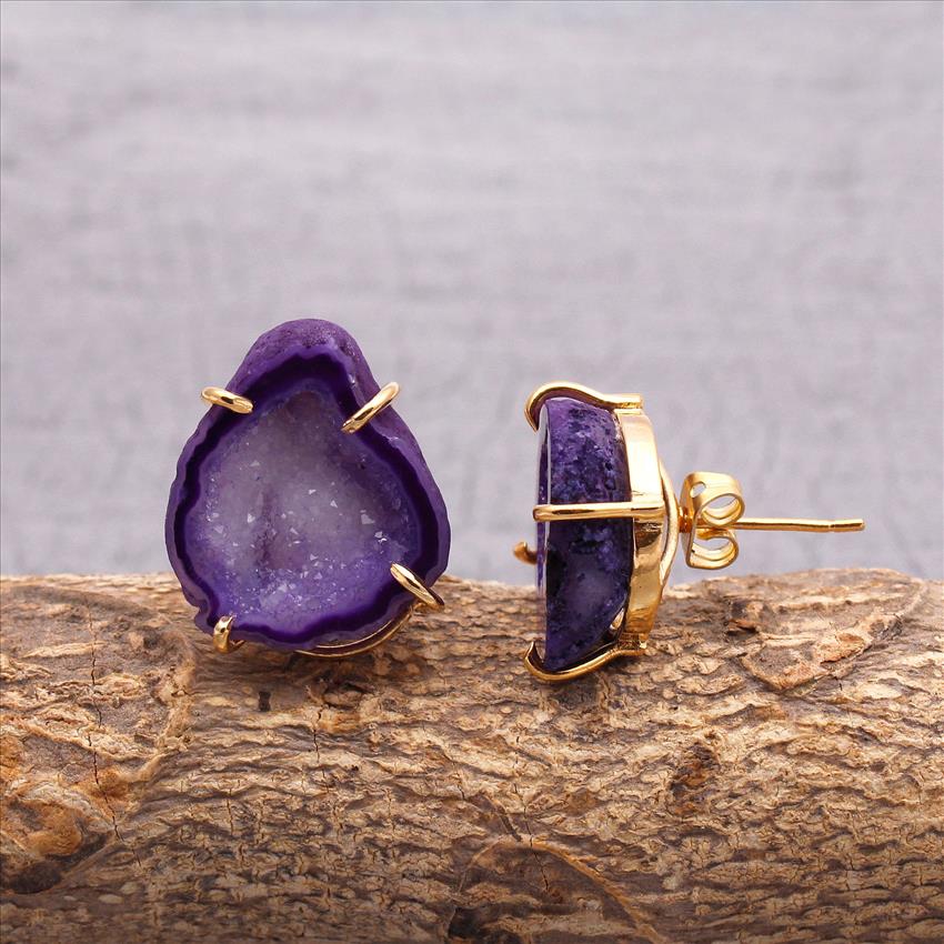 Geode Druzy Earring, Gold Post Earrings, Stud Style Earrings, Gold Plated Prong Earring Jewelry
