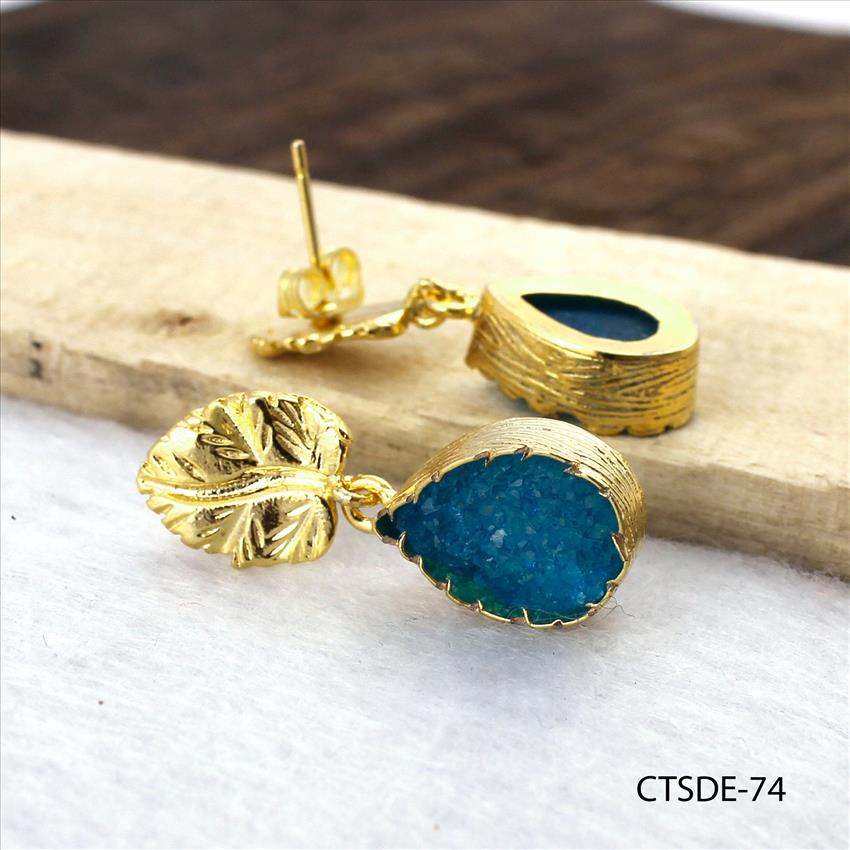 agate druzy earrings, leaf designer earrings, gold plated earrings, dangle drop earrings Gold plated jewelry (CTSDE-70)
