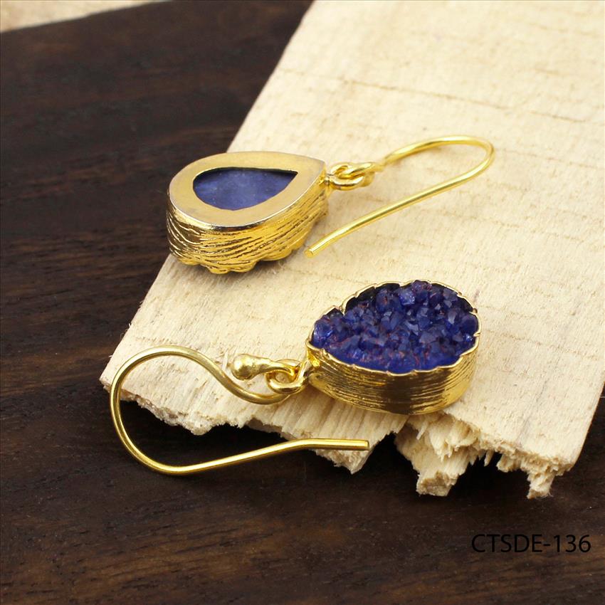 Blue Agate Druzy Gemstone, Natural Gemstone Jewelry, Gold Plated Earrings, Gemstone jewelry (CTSDE-134)