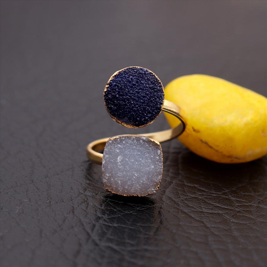 Natural Agate Druzy Gemstone Gold Plated, Adjustable Ring, Multi Gemstone Rings Handmade Jewelry (EJ-1946)