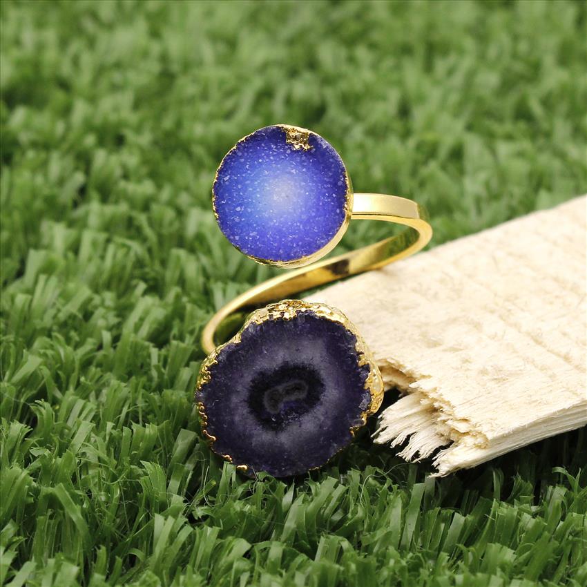 Sollar Quartz,Sugar Druzy Abalone Gemstone, Double Stone Adjustable Ring, Gold Electroplated Ring, Gold Edged Fashion Jewelry (MD2R-29)