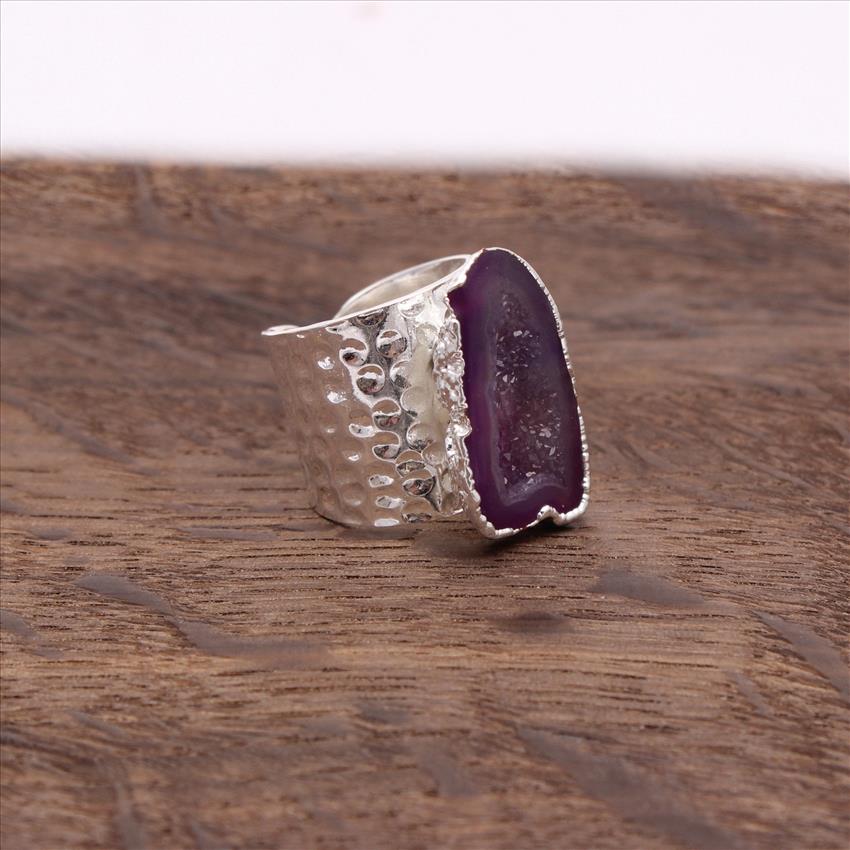 Natural Solar Quartz, Agate Slice Gemstone beautiful Adjustable Ring Silver Electroplated Gemstone Rings Jewelry (EJ-2058)