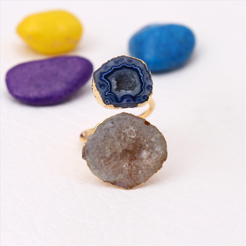 Natural Geode Druzy Gemstone, Geode Druzy Rings, Gold Electroplated Rings,Adjustable Rings, Gemstone Druzy Rings (EJ-1694)