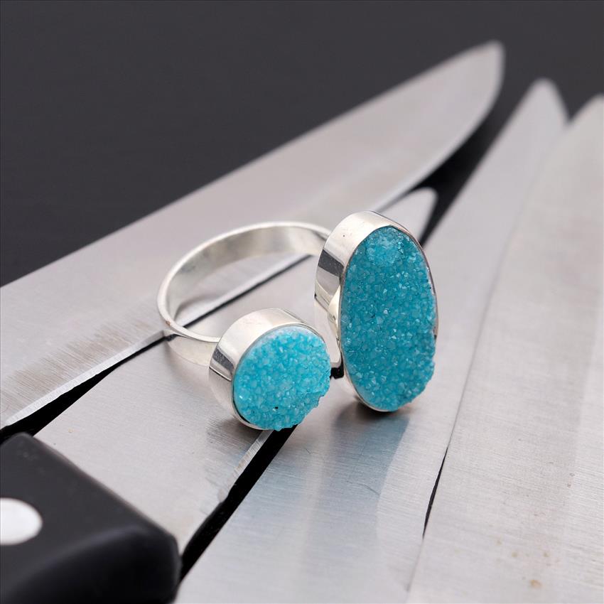 Multi Natural Druzy Gemstone Adjustable Ring Silver Plated, Round/Oval Shape Multi Color Gemstone Rings Jewelry (EJ-1984)