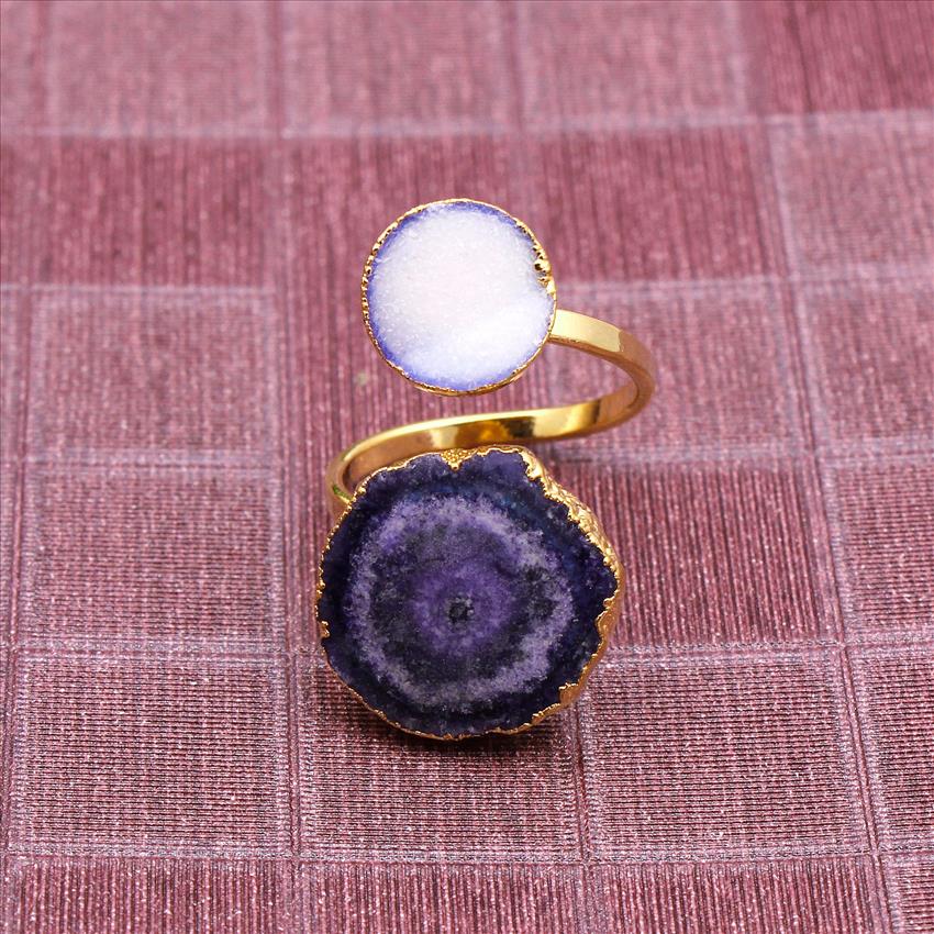 Solar Druzy With Sugar Druzy Pearl Gemstone, Double Stone Adjustable Ring, Gold Electroplated Ring, Gold Edged Fashion Jewelry (MD2R-17)