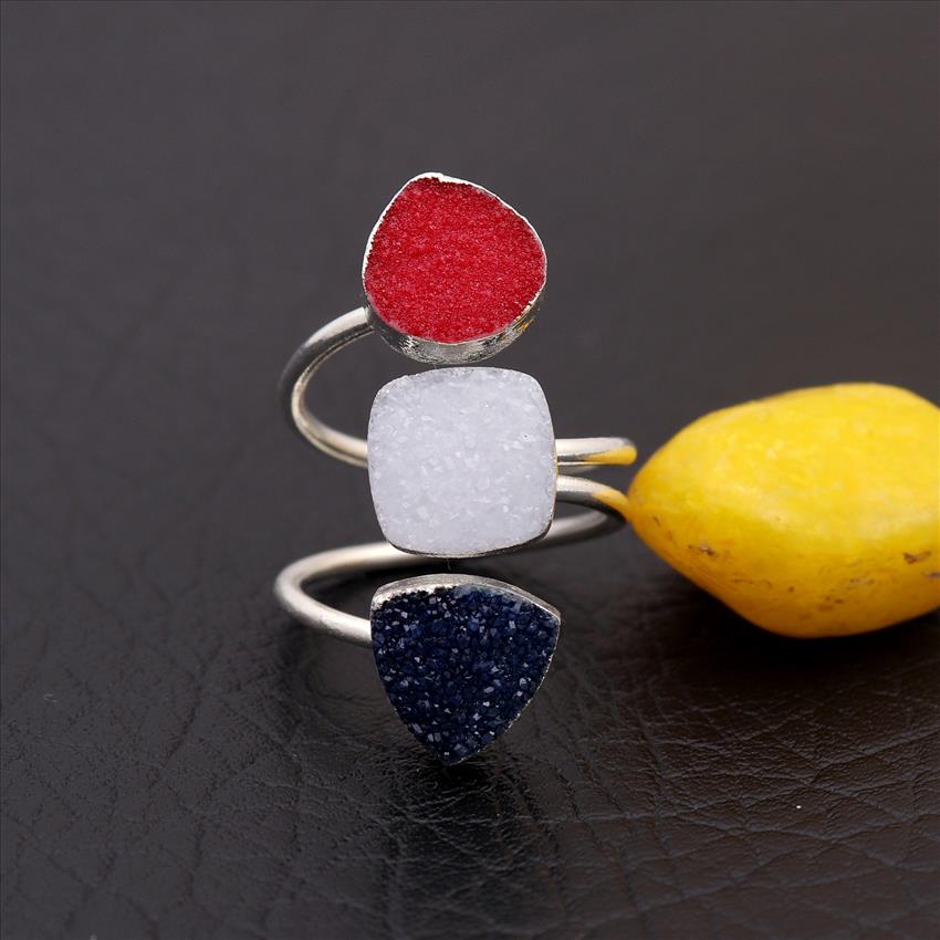 Multi Natural Agate Druzy Gemstone Cushion/Round Shapes Adjustable Ring Silver Plated Gemstone Rings Jewelry (EJ-2015)