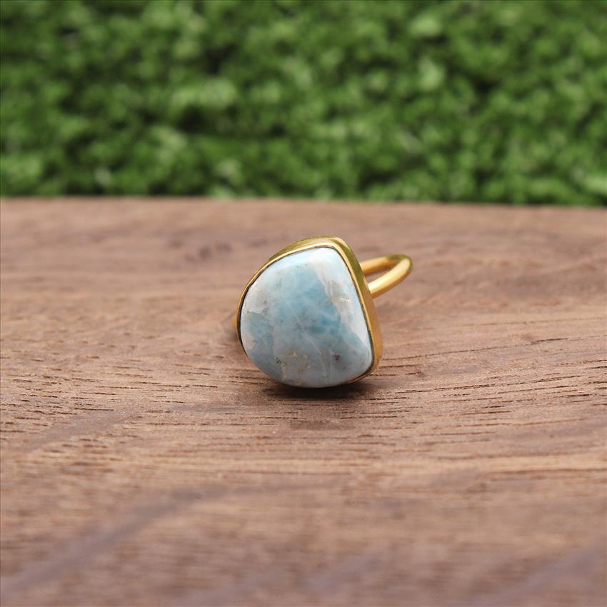 Larimar Gemstone Ring, Gold Plated Gemstone Ring, Adjustable Stylish Rings, Handmade Rings Jewelry (EJ-752)