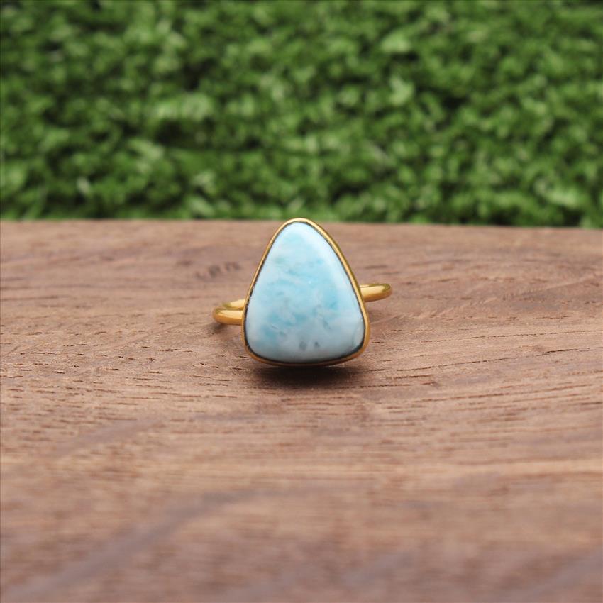 Larimar Gemstone Rings, Larimar Gemstone, Adjustable Rings, Gold Plated Rings, Dominican Blue Larimar Gemstone Jewelry (EJ-745)