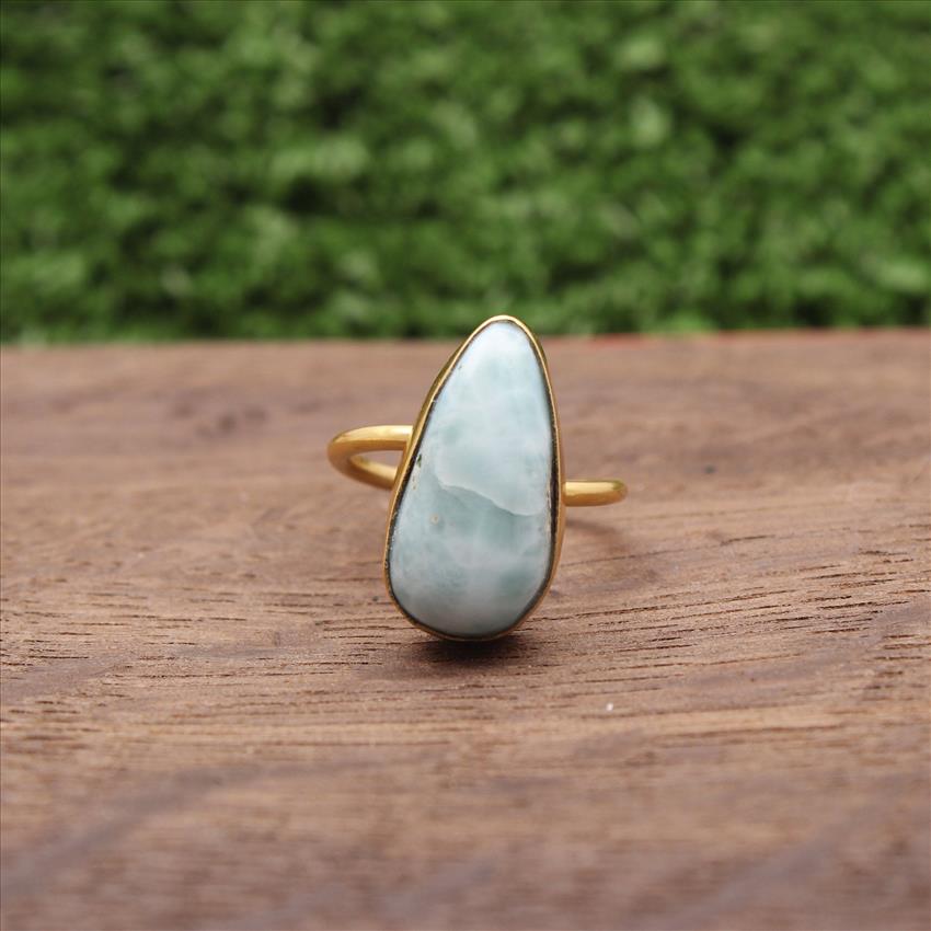 Larimar Gemstone Ring, Gold Plated Gemstone Ring, Adjustable Stylish Rings, Handmade Rings Jewelry (EJ-752)