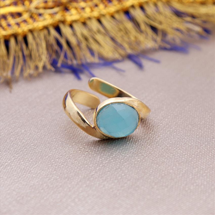 Black Onyx, Rutile Blue Topaz, Chalcedony Gemstone Gold Plated,Adjustable Ring, Multi Gemstone Rings Jewelry (EJ-1733)