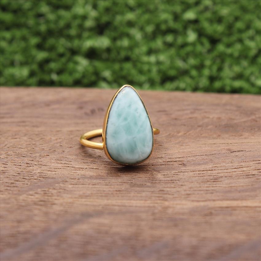 Larimar Gemstone Ring, Gold Plated Gemstone Ring, Adjustable Stylish Rings, Handmade Rings Jewelry (EJ-749)
