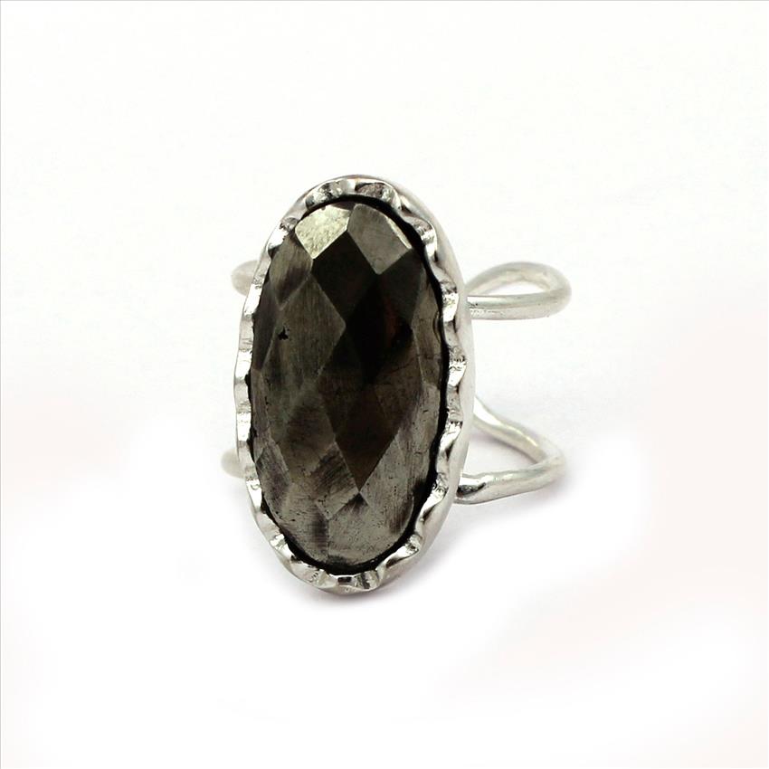 Labradorite, Pyrite Gemstone Rings, Oval Shape Double Line Handmade Ring, Plated Stacking Ring, Dainty Gemstone Ring (GIR-23)