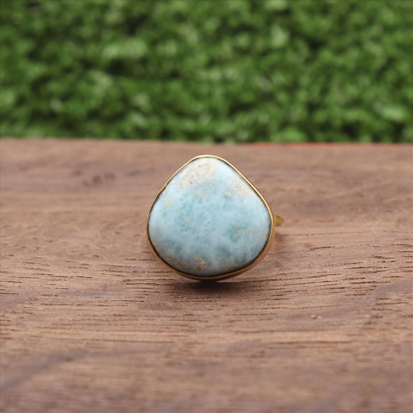 Larimar Gemstone Rings, Larimar Gemstone, Adjustable Rings, Gold Plated Rings, Dominican Blue Larimar Gemstone Jewelry (EJ-745)