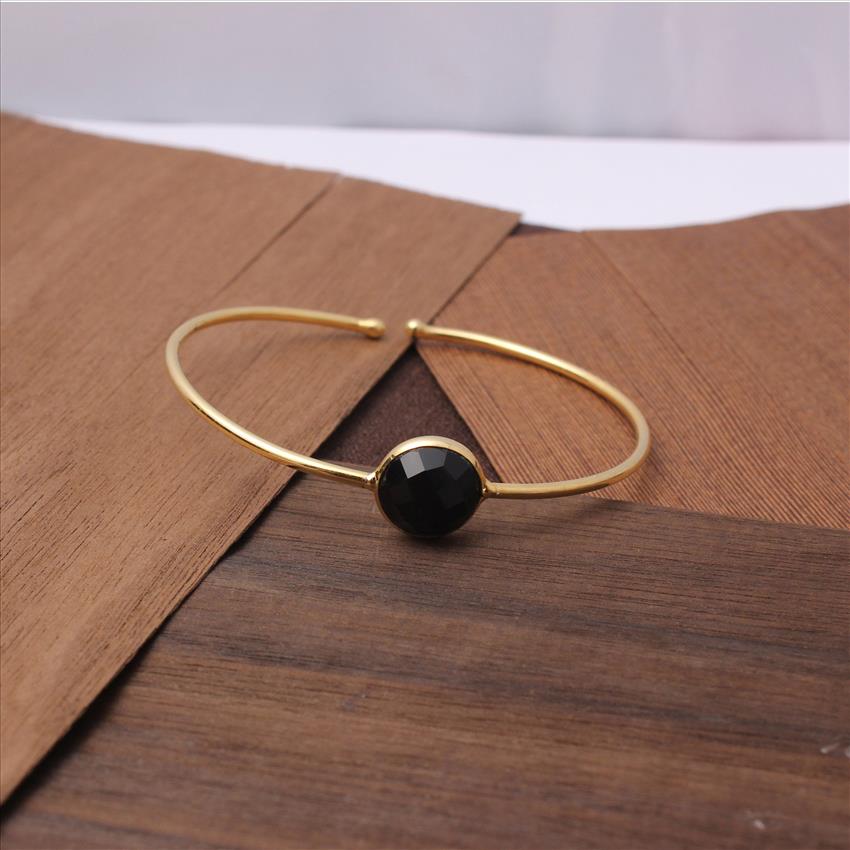 Black Onyx Gemstone - Round Shape  Gold & Silver Plated Bangle - Adjustable Bangle Finding Jewelry(EJ-1277)