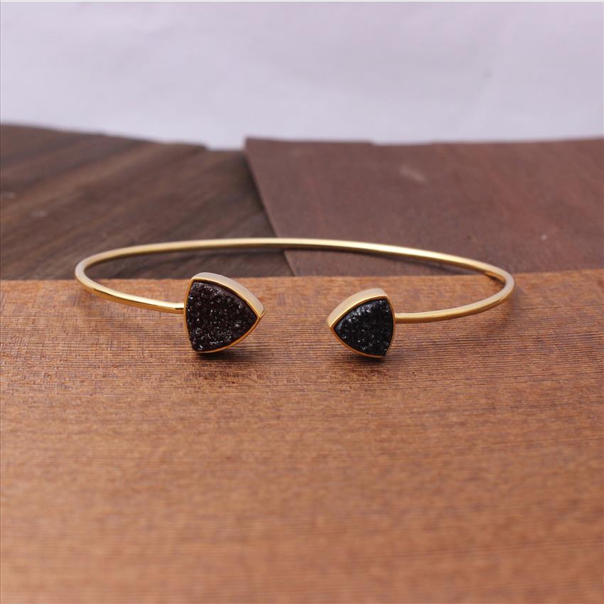 Natural Agate Druzy Gemstone - Handmade & Gold Plated Bangle -Two stone Bangle -Adjustable Finding Jewelry(EJ-1271)