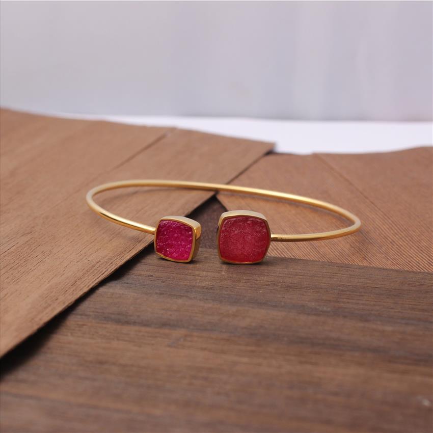 Amazing Natural Sugar Druzy Gemstone, Cushion Shape, Gold Plated, Adjustable Bangle Jewelry  (EJ-1294)