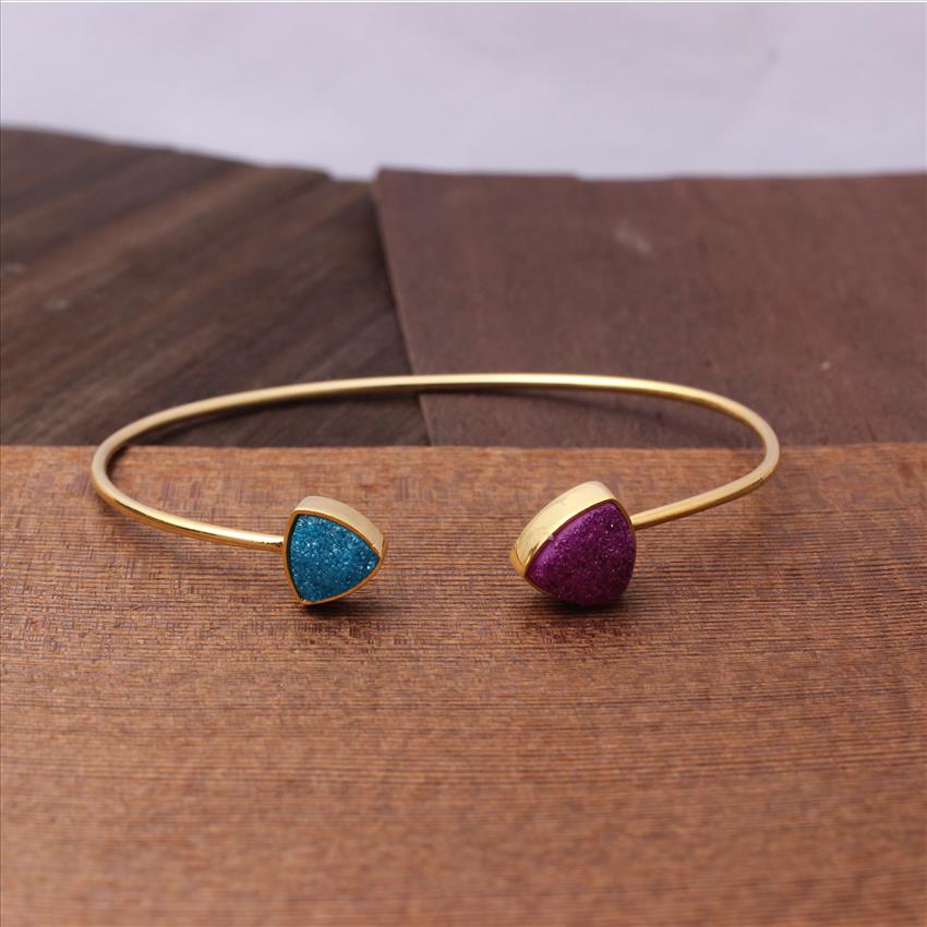 Sugar Agate Druzy Gemstone - Handmade & Gold Plated Bangle -Two stone Bangle -Adjustable Bangle Bracelet Jewelry(EJ-1257)