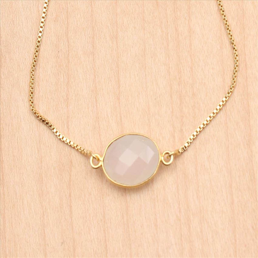 Chalcedony, Moonstone Gemstone Adjustable Gold Chain Bracelet Slider Stacking With Cubic Zircon Bracelets Finding Jewelry (EJ-2602)