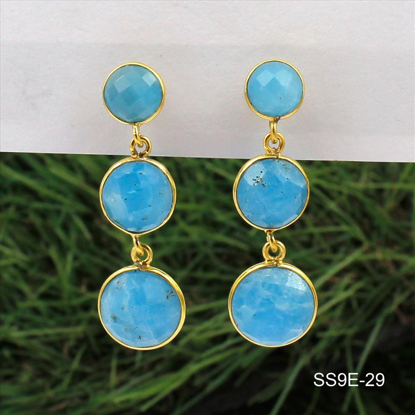 925 Sterling Silver Earrings, Cats-Eye, Turquoise Gemstone Earrings, Gold Plated Earrings, Gemstone Supply Earrings Jewelry (SS9E-29)