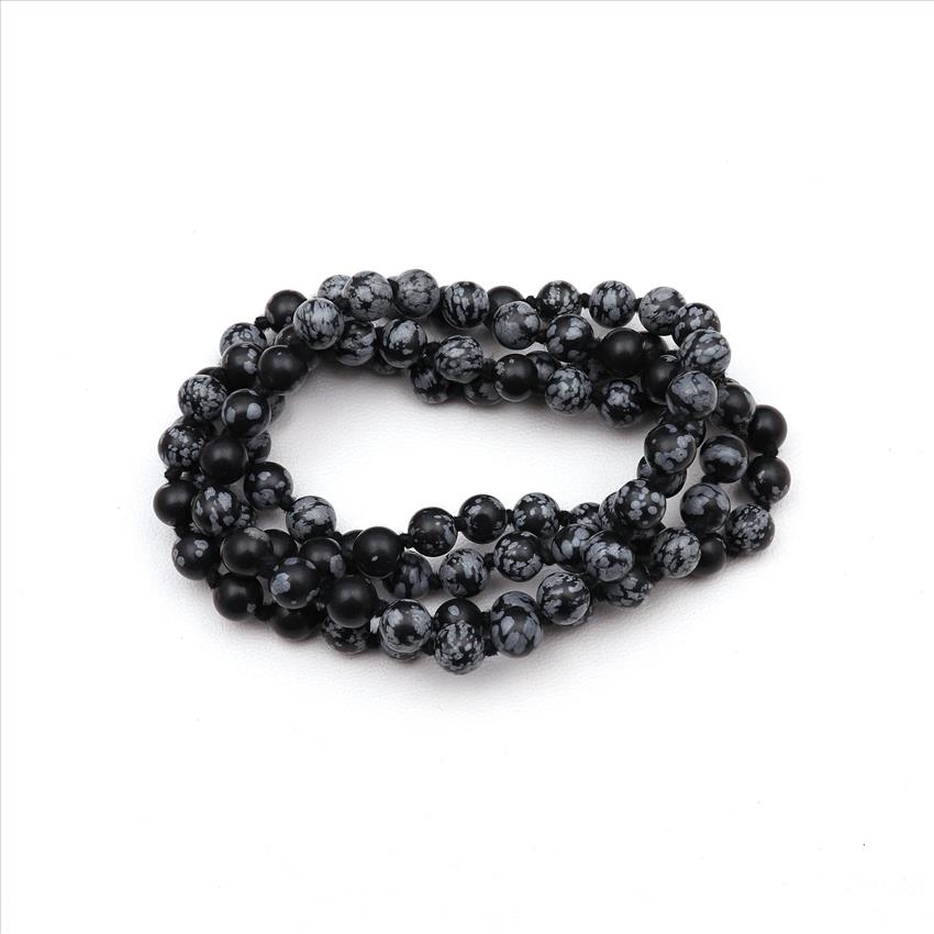 Snowflake Obsidian, Jade Gemstone Beaded Thread Necklace Handmade Knotted Necklace Mala Beads  (B8N-49)