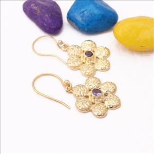 Amethyst Gemstone, Gold Plated Earring, Dangle Hook Earrings Round Shape Gemstone Earrings Jewelry (EJ-2235)