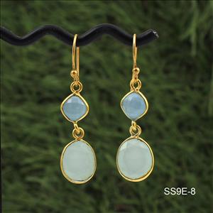 Aqua, Blue Chalcedony Gemstone, 925 Sterling Silver Over Gold Plated, Finding Hook Earrings Fashionable Jewelry Supplies (SS9E-8)