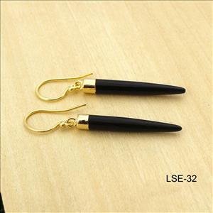 Black Onyx Gemstone Earring, Dangling Earrings, Spike Earring, Handmade Gold Plated Earring Jewelry (LSE-30)