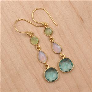 Agate, Opalite, Fuchsia Multi Color Gemstone Dangle Hook Style Gold Plated Statement Earrings Supply Jewelry (EJ-2727)