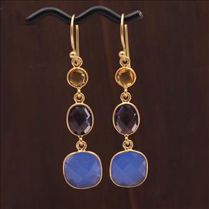 Agate, Opalite, Fuchsia Multi Color Gemstone Dangle Hook Style Gold Plated Statement Earrings Supply Jewelry (EJ-2727)