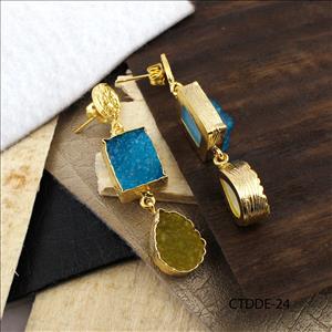 Multicolor Agate Druzy Gemstone, Leaf Design Stud Earrings, Gold Plated Earrings Handmade Jewelry (CTDDE-24)
