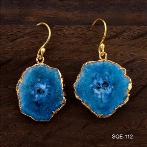 Blue Quartz Gemstone Earring, Gold Plated Earring, Statement Earrings Natural Gemstone Earring Jewelry (SQE-111)