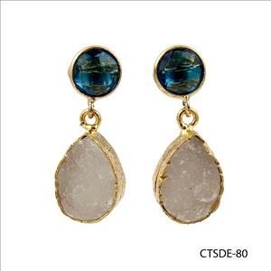Agate Druzy Earrings, Stud Style Earrings, Blue Topaz Earrings, Gold Plated Earrings Jewelry (CTSDE-80)