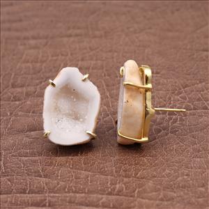 Agate Geode Earrings, Prong Style Earrings, Gold Plated-Stud Earring Gemstone Jewelry (EJ-1134)