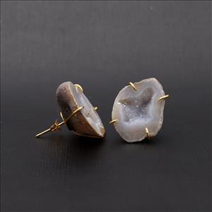 Amazing Natural Geode Druzy Gemstone Prong Style Earring, Gold Plated Stud Earrings Fine Jewelry (EJ-886)