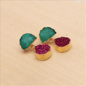 Multi Agate Druzy Gold Plated Gemstone Earrings, Studs Druzy Earrings Finding Jewelry, Gemstone Wholesale Jewelry (EJ-2865)