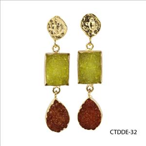 Druzy Gemstone Earrings, Gold Plated Dangle Drop Earrings, Textured Earring, Gemstone Earring Jewelry