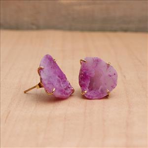 Exclusive Pink Geode Druzy Gemstone Earring, Gold Plated Prong Style,Stud Earring,Handmade Earring Jewelry (EJ-1406)