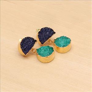 Multi Agate Druzy Gold Plated Gemstone Earrings, Studs Druzy Earrings Finding Jewelry, Gemstone Wholesale Jewelry (EJ-2865)